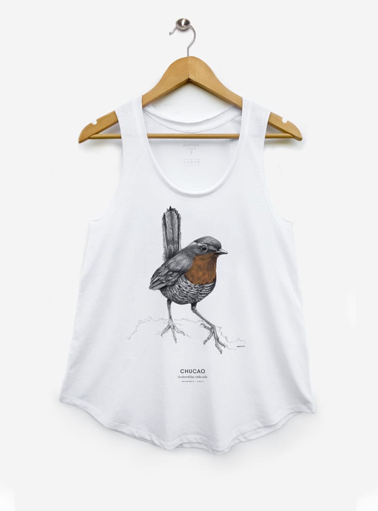 polera sin manga diseño chucao mujer Chile
ropa mujer con ave emblemática bosque valdiviano Chile
polera algodón mujer sin manga ave endémica sur Chile
regalo mujer con chucao ave folklore chileno
ropa mujer conservación bosque templado Chile sin manga
