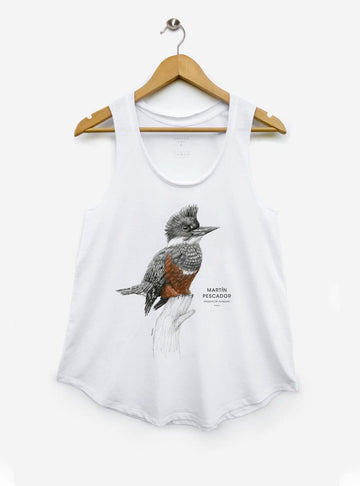 polera sin manga diseño martín pescador mujer Chile
ropa mujer con ave colorida nativa ríos Chile
polera algodón mujer sin manga ave ribereña Chile
regalo mujer conservación martín pescador Chile
ropa mujer fauna lacustre Chile sin manga verano