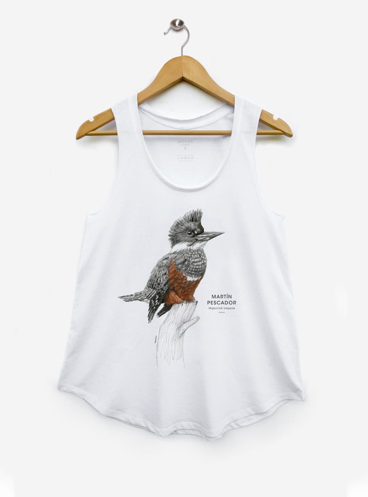 polera sin manga diseño martín pescador mujer Chile
ropa mujer con ave colorida nativa ríos Chile
polera algodón mujer sin manga ave ribereña Chile
regalo mujer conservación martín pescador Chile
ropa mujer fauna lacustre Chile sin manga verano