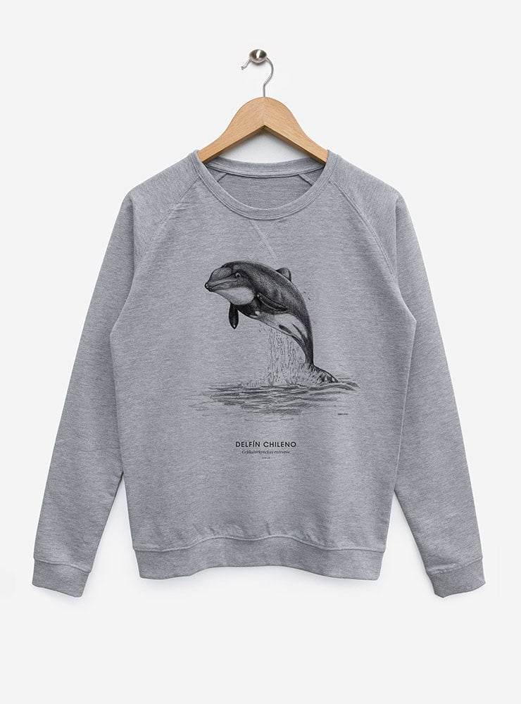 polerón con diseño delfín chileno endémico
ropa con cetáceo vulnerable de Chile
polerón algodón unisex fauna marina austral
regalo conservación delfín chileno
ropa fauna costas australes Chile