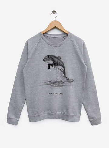 polerón con diseño delfín chileno endémico
ropa con cetáceo vulnerable de Chile
polerón algodón unisex fauna marina austral
regalo conservación delfín chileno
ropa fauna costas australes Chile