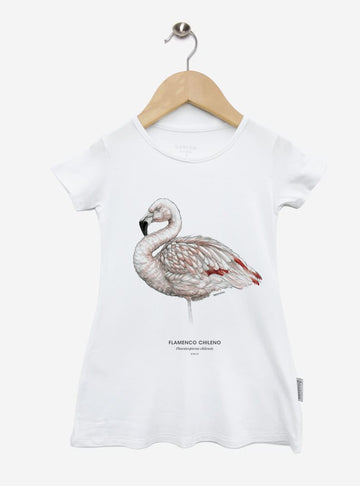 vestido infantil manga corta diseño flamenco chileno Chile
ropa niña con ave rosada nativa salares Chile
vestido algodón modal niña flamenco altiplánico
regalo niña con flamenco chileno fauna andina
ropa infantil niña conservación aves salares Chile