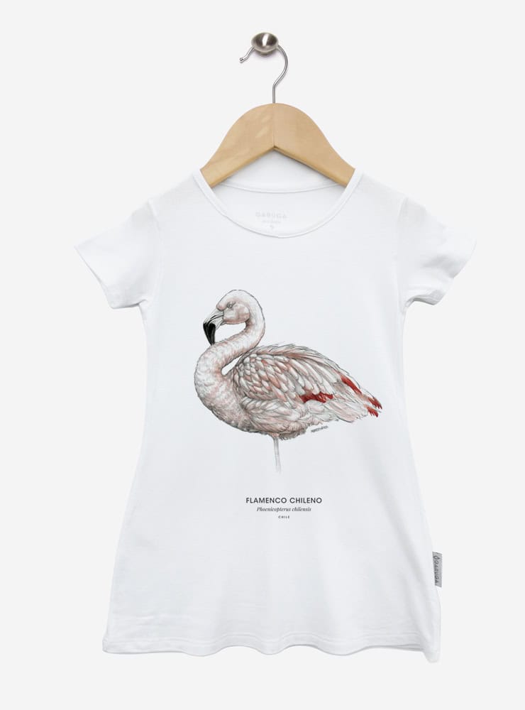 vestido infantil manga corta diseño flamenco chileno Chile
ropa niña con ave rosada nativa salares Chile
vestido algodón modal niña flamenco altiplánico
regalo niña con flamenco chileno fauna andina
ropa infantil niña conservación aves salares Chile