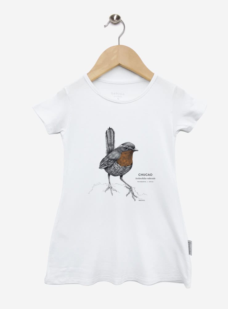 vestido infantil manga corta diseño chucao Chile
ropa niña con ave emblemática bosque valdiviano Chile
vestido algodón modal niña ave endémica sur Chile
regalo niña con chucao ave folklore chileno
ropa infantil niña conservación bosque templado Chile