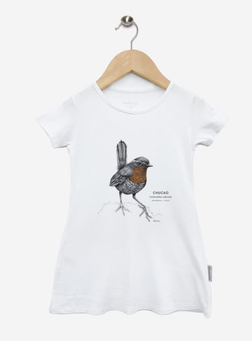 vestido infantil manga corta diseño chucao Chile
ropa niña con ave emblemática bosque valdiviano Chile
vestido algodón modal niña ave endémica sur Chile
regalo niña con chucao ave folklore chileno
ropa infantil niña conservación bosque templado Chile