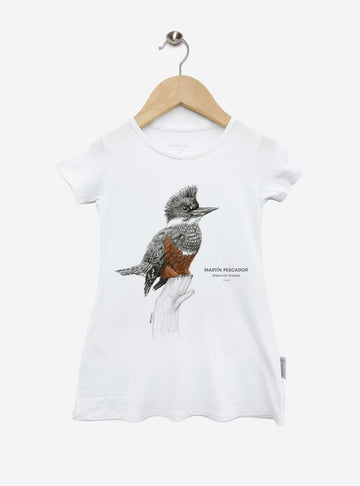 vestido infantil manga corta diseño martín pescador Chile
ropa niña con ave colorida nativa ríos Chile
vestido algodón modal niña ave ribereña Chile
regalo niña conservación martín pescador Chile
ropa infantil niña fauna lacustre Chile