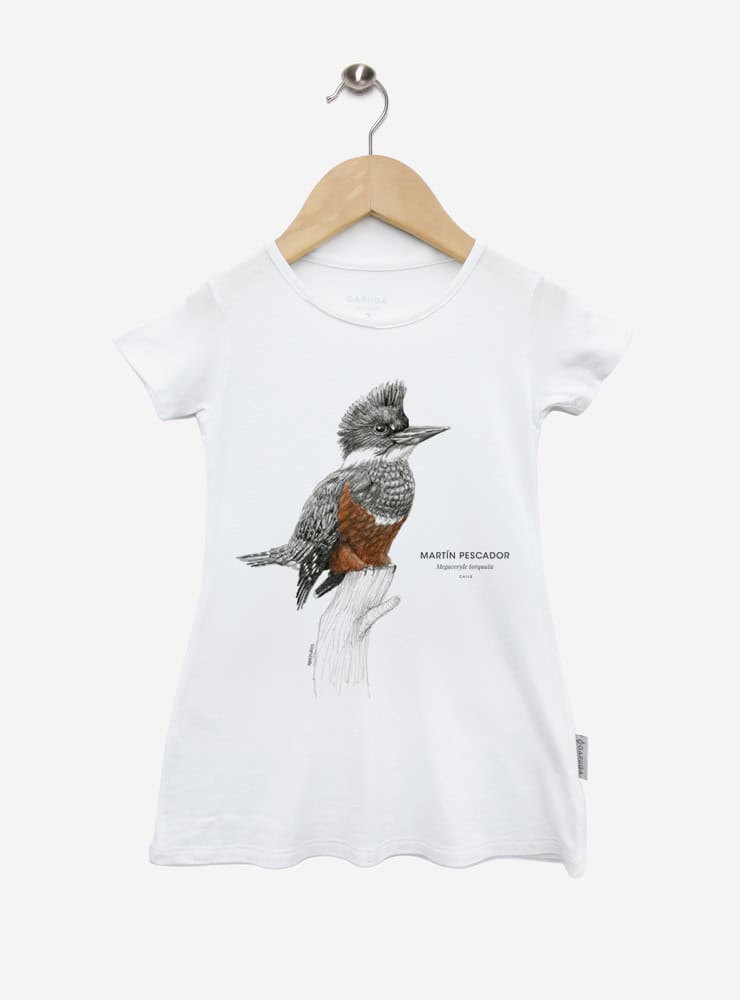 vestido infantil manga corta diseño martín pescador Chile
ropa niña con ave colorida nativa ríos Chile
vestido algodón modal niña ave ribereña Chile
regalo niña conservación martín pescador Chile
ropa infantil niña fauna lacustre Chile