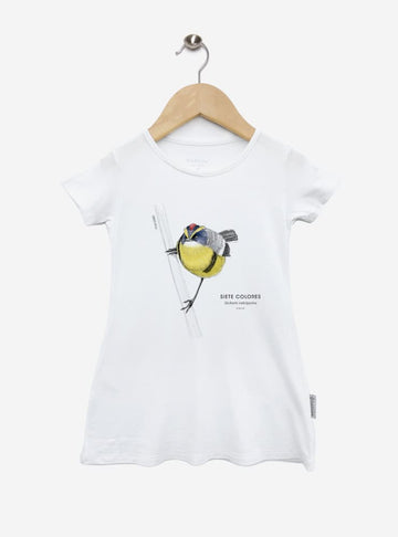 vestido infantil manga corta diseño siete colores Chile
ropa niña con ave más colorida humedales Chile
vestido algodón modal niña siete colores humedal Chile
regalo niña conservación siete colores Chile
ropa infantil niña fauna humedales Chile