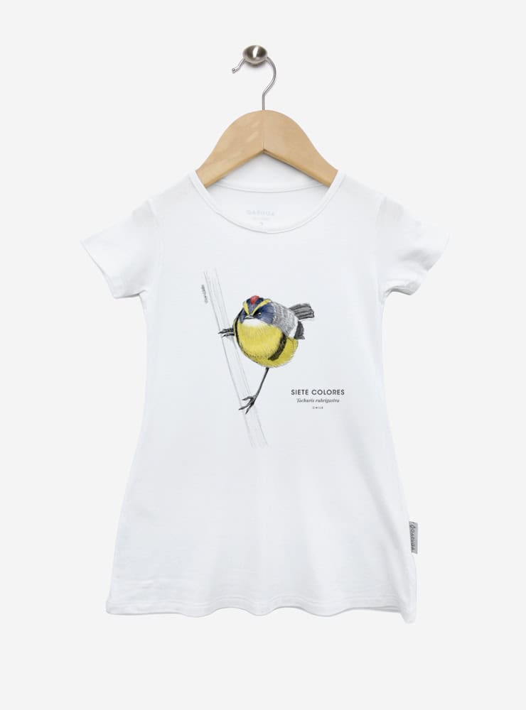 vestido infantil manga corta diseño siete colores Chile
ropa niña con ave más colorida humedales Chile
vestido algodón modal niña siete colores humedal Chile
regalo niña conservación siete colores Chile
ropa infantil niña fauna humedales Chile
