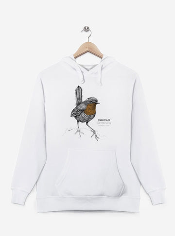 polerón canguro blanco diseño chucao Chile
ropa con ave del bosque nativo Chile blanco
regalo con chucao ave endémica sur Chile
polerón afranelado unisex ave folklore chileno
ropa bosque templado Chile color blanco