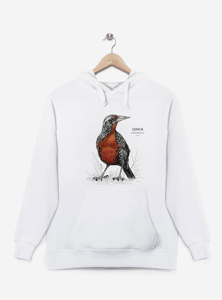 polerón canguro blanco diseño loica Chile
ropa con ave nacional de Chile blanco
regalo con loica ave emblemática Chile
polerón afranelado unisex ave pecho rojo Chile
ropa conservación aves pradera Chile blanco