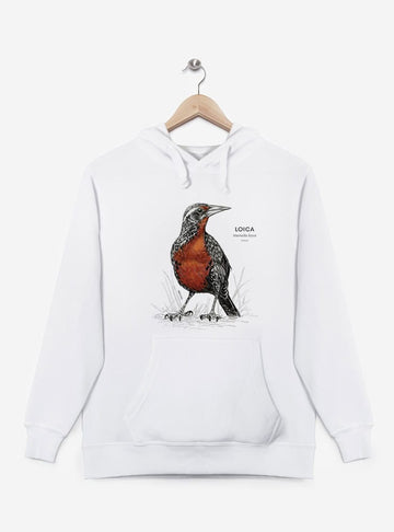 polerón canguro blanco diseño loica Chile
ropa con ave nacional de Chile blanco
regalo con loica ave emblemática Chile
polerón afranelado unisex ave pecho rojo Chile
ropa conservación aves pradera Chile blanco
