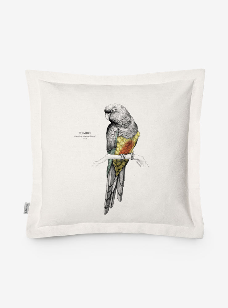 funda cojín diseño tricahue Chile algodón
decoración hogar con loro nativo Chile en peligro extinción
funda cojín algodón 50x50 tricahue loro Chile
regalo decoración hogar tricahue conservación Chile
funda cojín aves en peligro Chile hogar