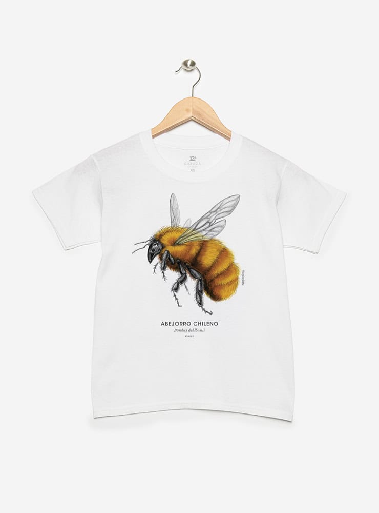 polera infantil manga corta diseño abejorro chileno Chile
ropa niño con abejorro más grande del mundo Chile
polera algodón niño polinizador nativo Chile
regalo niño conservación abejorro chileno en peligro
ropa infantil polinizadores nativos Chile manga corta