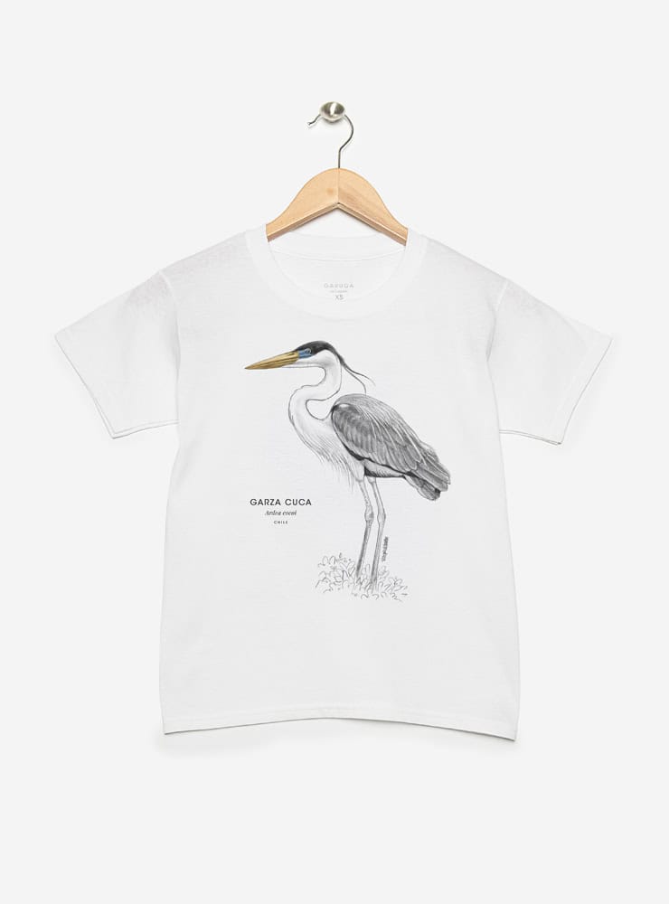 polera infantil manga corta diseño garza cuca Chile
ropa niño con ave zancuda nativa humedales Chile
polera algodón niño garza cuca Chile
regalo niño conservación garza cuca Chile
ropa infantil fauna humedales Chile manga corta