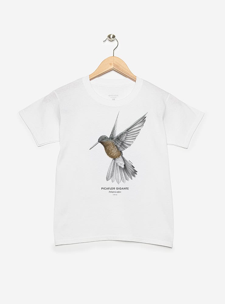 polera infantil manga corta diseño picaflor gigante Chile
ropa niño con colibrí más grande del mundo Chile
polera algodón niño picaflor gigante Chile
regalo niño conservación picaflor gigante Chile
ropa infantil fauna cordillera Chile manga corta