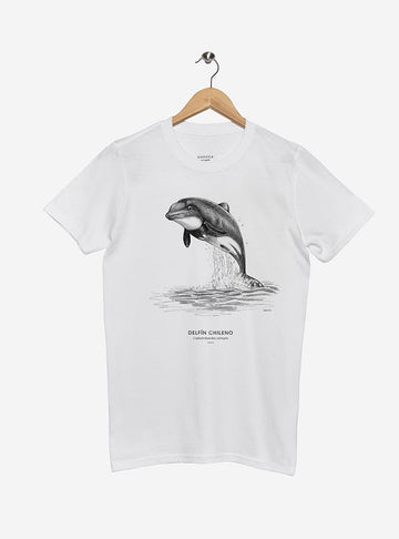 polera manga corta diseño delfín chileno Chile
ropa con único cetáceo endémico Chile manga corta
polera algodón unisex delfín chileno Chile
regalo conservación delfín chileno Chile
ropa fauna marina austral Chile manga corta