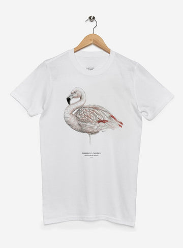 polera manga corta diseño flamenco chileno Chile
ropa con ave rosada nativa salares Chile
polera algodón unisex flamenco altiplánico Chile
regalo con flamenco chileno fauna andina
ropa conservación aves salares Chile