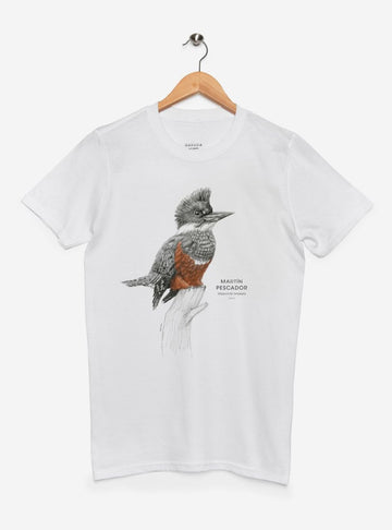 polera manga corta diseño martín pescador Chile
ropa con ave colorida nativa ríos lagos Chile
polera algodón unisex ave ribereña Chile
regalo Día del Padre martín pescador Chile
ropa conservación aves lacustres Chile