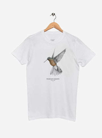 polera manga corta diseño picaflor gigante Chile
ropa con colibrí más grande del mundo Chile
polera algodón unisex picaflor gigante Chile
regalo conservación picaflor gigante Chile
ropa fauna cordillera Chile manga corta