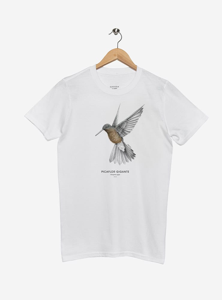 polera manga corta diseño picaflor gigante Chile
ropa con colibrí más grande del mundo Chile
polera algodón unisex picaflor gigante Chile
regalo conservación picaflor gigante Chile
ropa fauna cordillera Chile manga corta