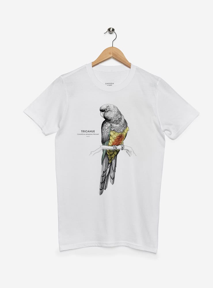 polera manga corta diseño tricahue Chile
ropa con loro nativo Chile en peligro extinción
polera algodón unisex tricahue loro Chile
regalo conservación tricahue loro Chile
ropa fauna aves Chile manga corta loro tricahue