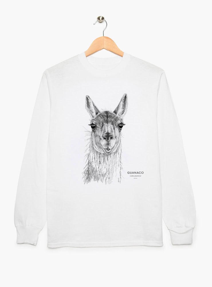 polera manga larga diseño guanaco Patagonia Chile
ropa con camélido silvestre Chile manga larga
polera algodón unisex guanaco patagónico manga larga
regalo conservación guanaco Fundación Yastay manga larga
ropa fauna patagónica Chile manga larga impacto social