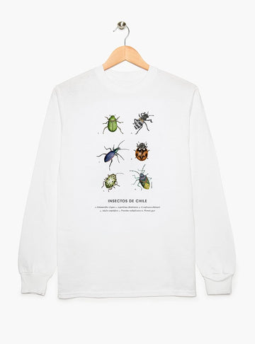 polera manga larga diseño insectos nativos bosque Chile
ropa con escarabajos nativos Chile manga larga
polera algodón unisex chinita peorro Chile
regalo con insectos nativos bosque chileno
ropa fauna invertebrada bosque sur Chile