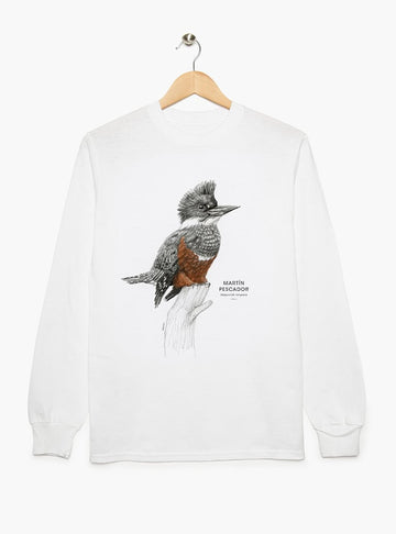 polera manga larga diseño martín pescador Chile
ropa con ave colorida nativa ríos Chile manga larga
polera algodón unisex ave ribereña Chile manga larga
regalo Día del Padre martín pescador Chile manga larga
ropa conservación aves lacustres Chile manga larga