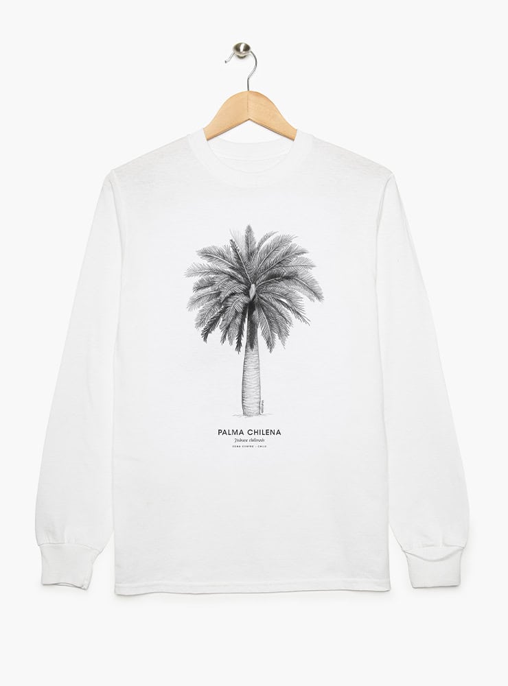 polera manga larga diseño palma chilena Chile
ropa con árbol nacional Chile manga larga
polera algodón unisex flora endémica Chile
regalo con palma chilena árbol milenario Chile
ropa liviana flora nativa Chile entretiempo